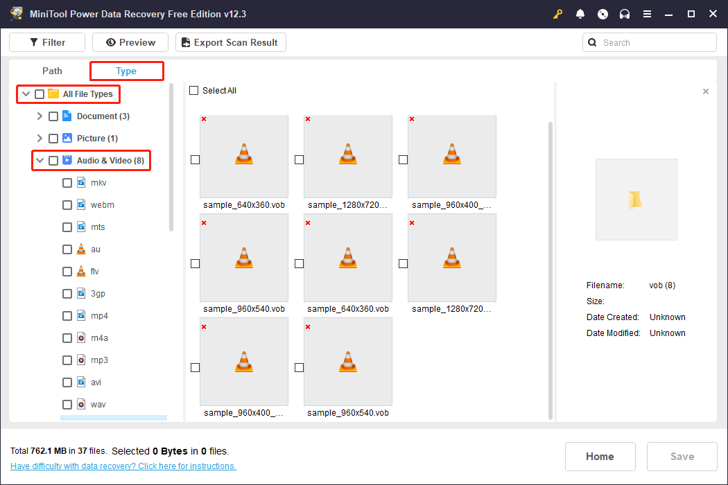 find VOB video files using the Type feature in MiniTool Power Data Recovery