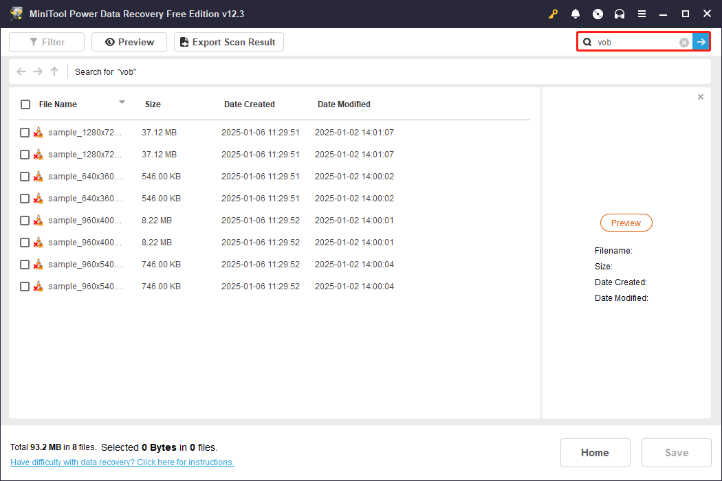 find VOB video files using the Search feature in MiniTool Power Data Recovery