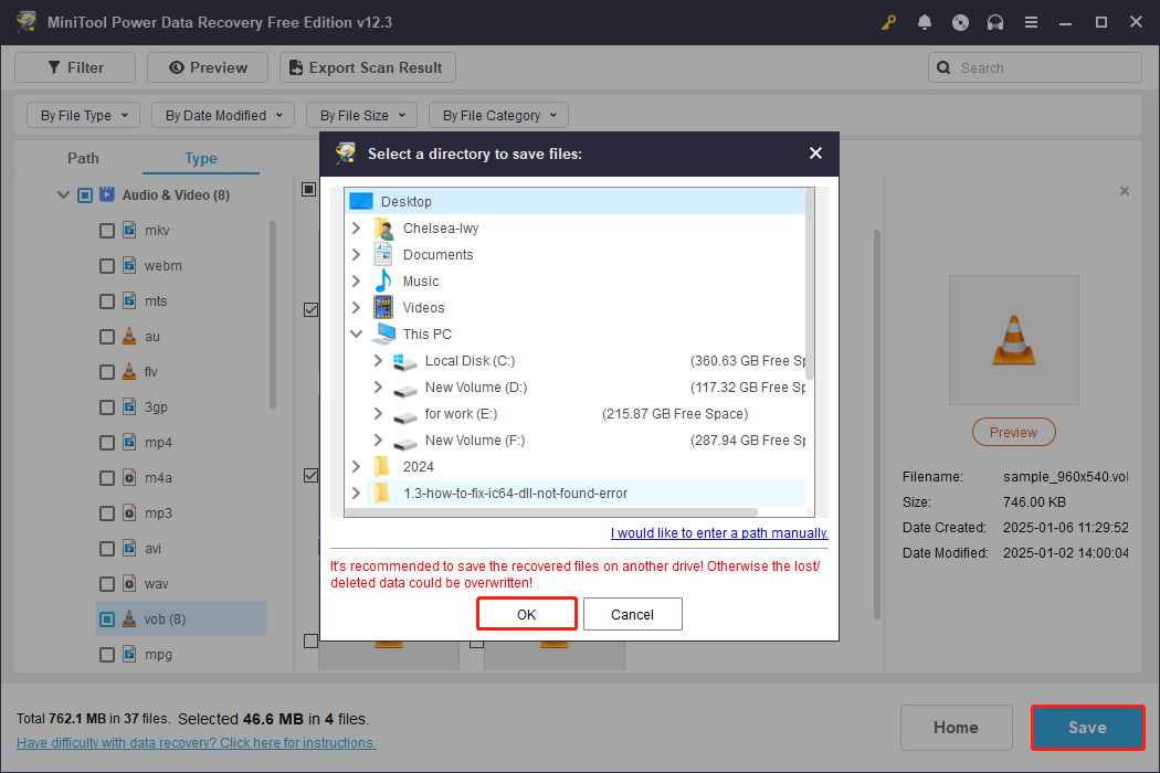 save the selected VOB video files to a new location in MiniTool Power Data Recovery