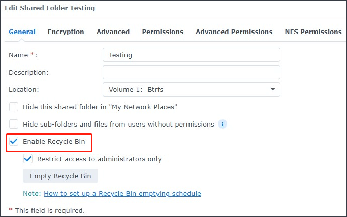 choose Enable Recycle Bin