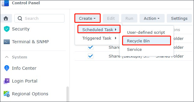 select Create > Scheduled Task > Recycle Bin