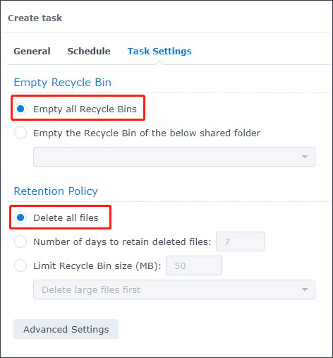 to empty the Recycle Bin, check the box of Empty all Recycle Bins and Delete all files