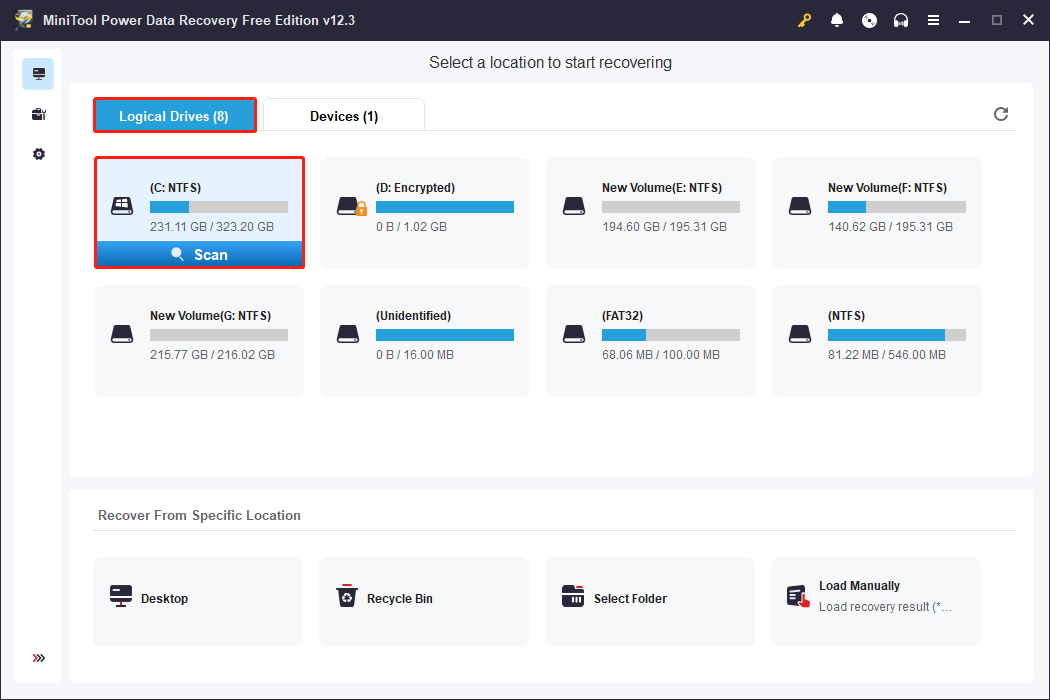 scan the partition via MiniTool Power Data Recovery