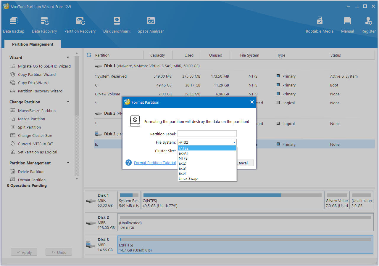 select FAT32 file system MiniTool Partition Wizard