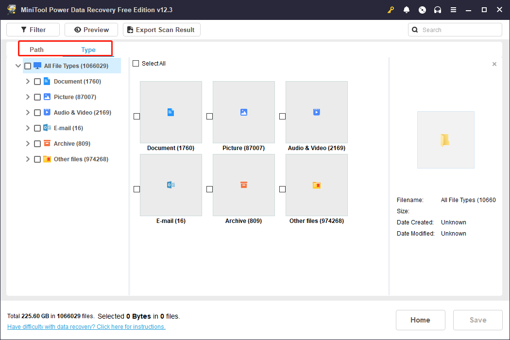 files are classified under the Path and Type tabs