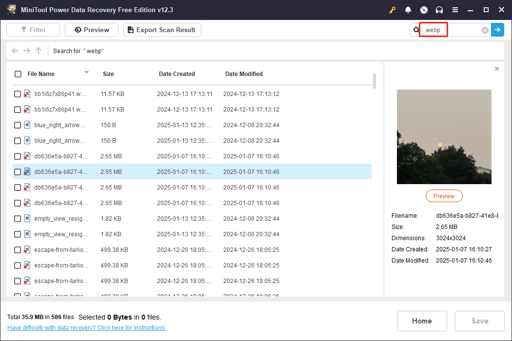 search WEBP files on the result page of MiniTool Power Data Recovery