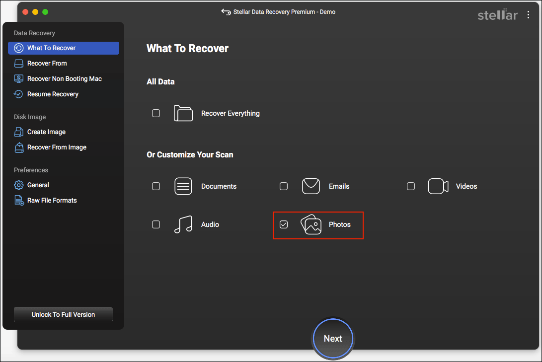 select Photos only in Stellar Data Recovery for Mac
