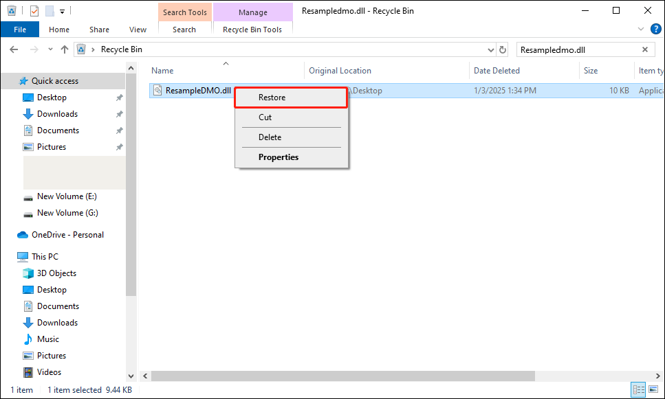 search Resampledmo.dll and click Restore to recover it from the Recycle Bin