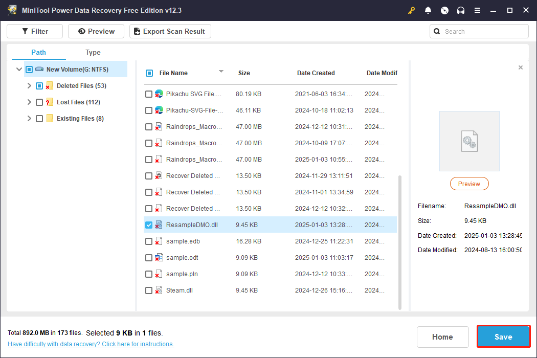 tick the box of the wanted file and click Save to recover it via MiniTool Power Data Recovery