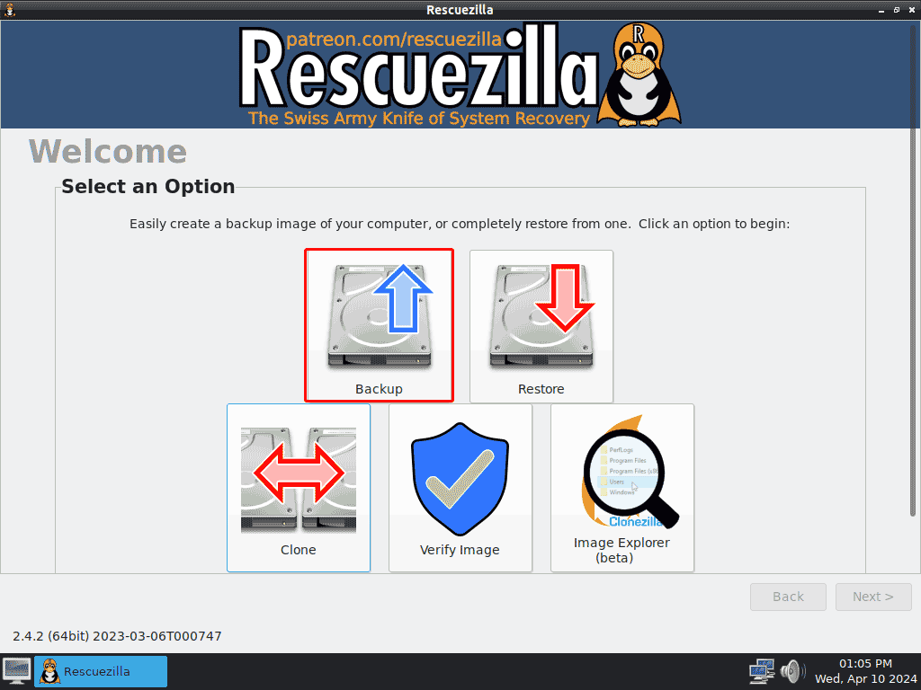 Rescuezilla main interface select an option to continue