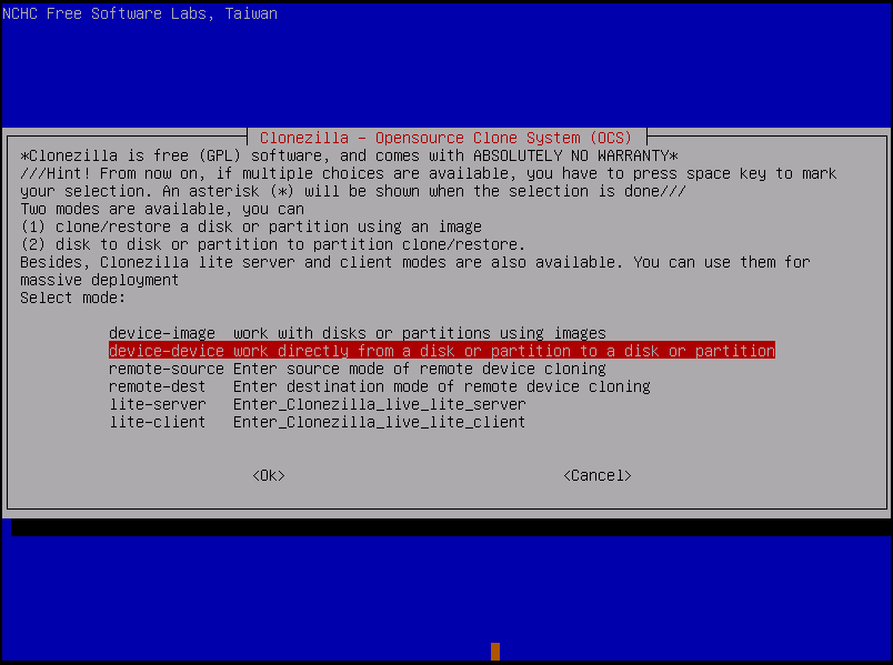 select a mode for disk imaging or cloning in Clonezilla