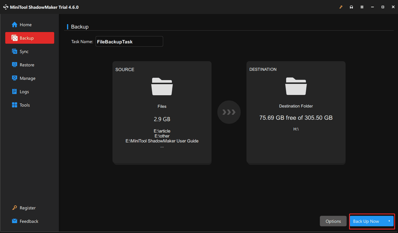 MiniTool ShadowMaker file backup task under Backup