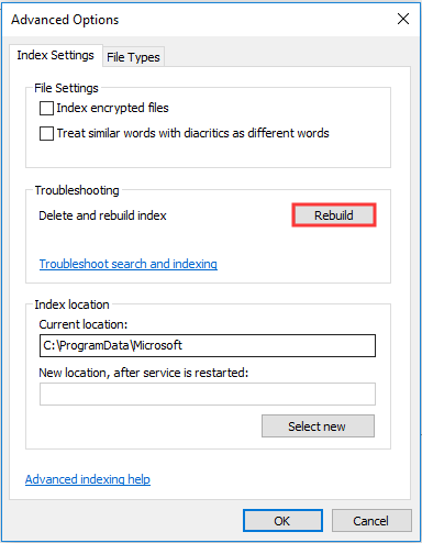 indice di ricerca ricostruito