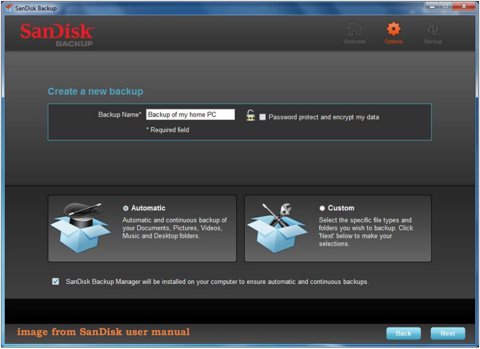 SanDisk Backup create a new backup