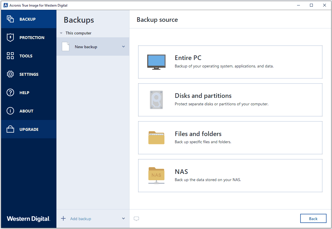 Acronis True Image for Western Digital Backup page