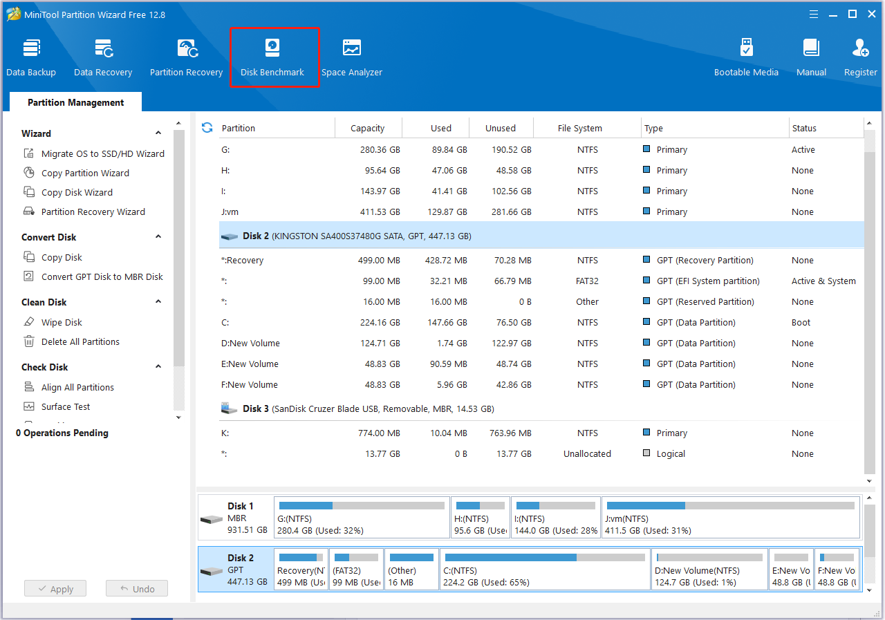 clique em Disk Benchmark no MiniTool Partition Wizard