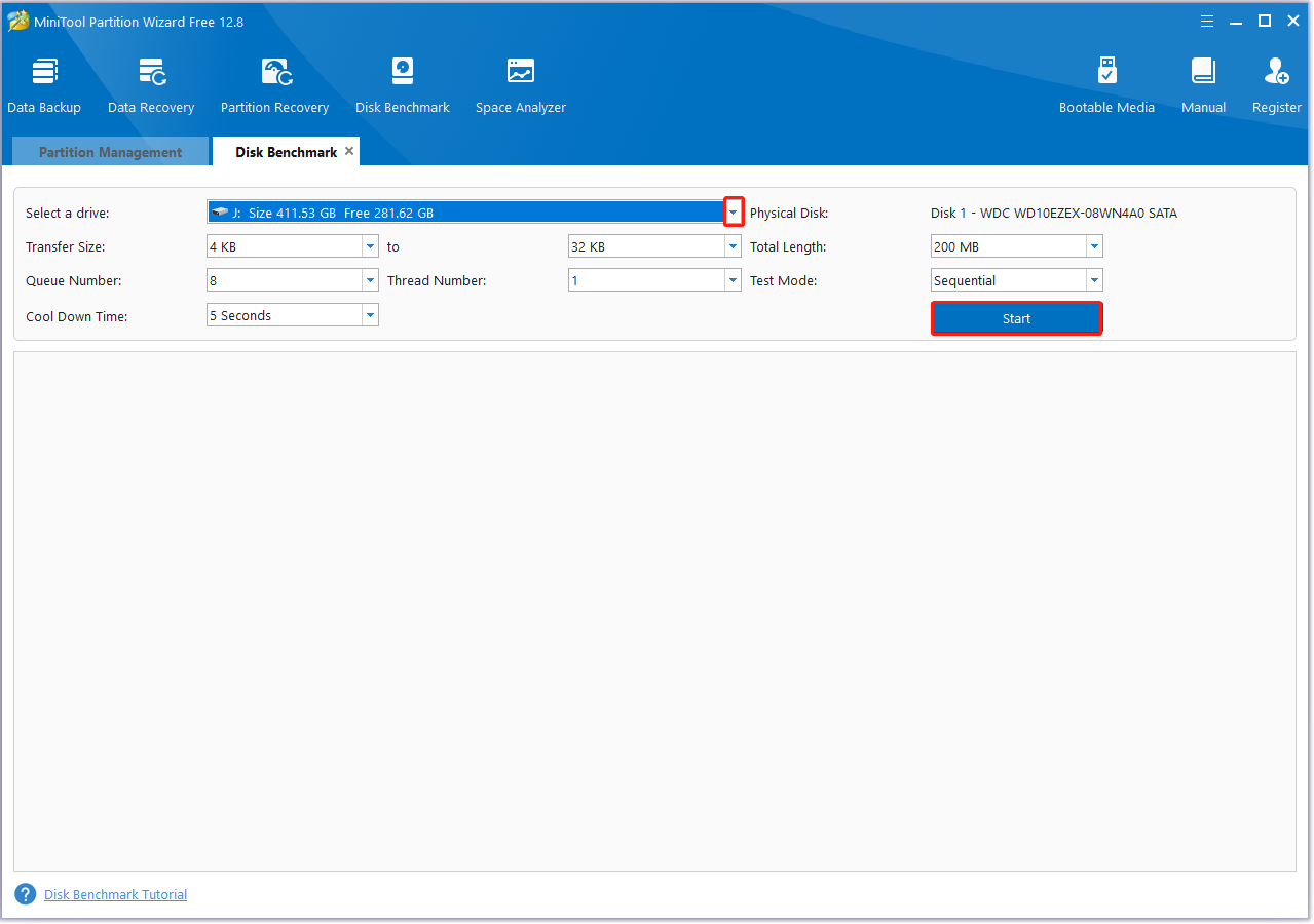 selecione uma unidade para benchmark no MiniTool Partition Wizard