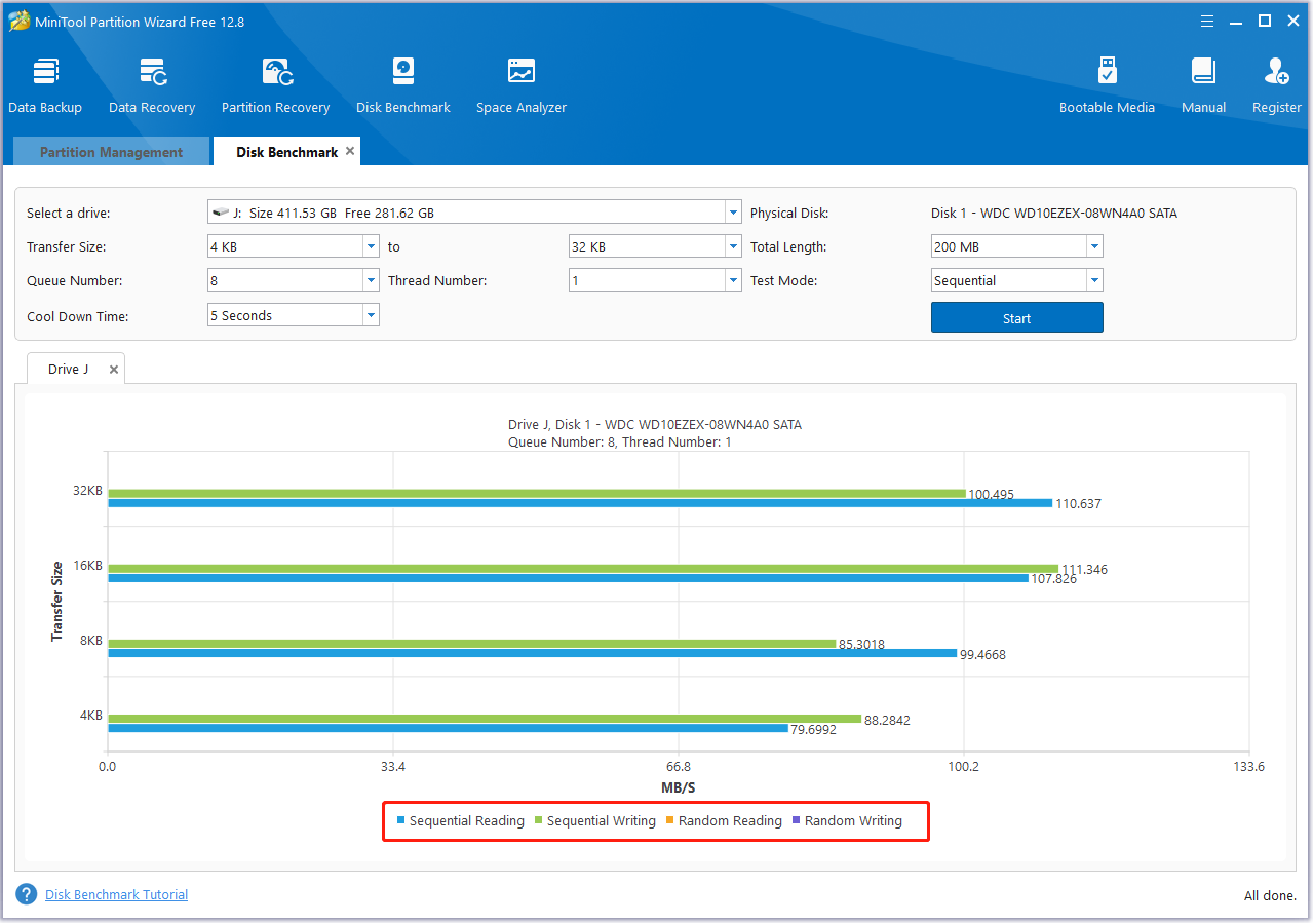 Descrição colorida dos parâmetros no Disk Benchmark no MiniTool Partition Wizard