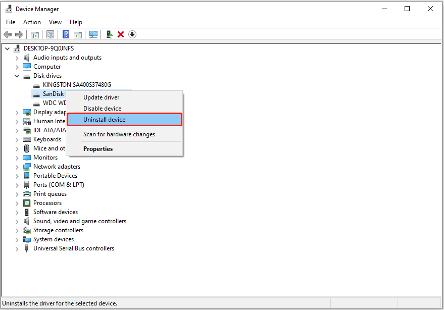 uninstall the SanDisk disk driver from Device Manager