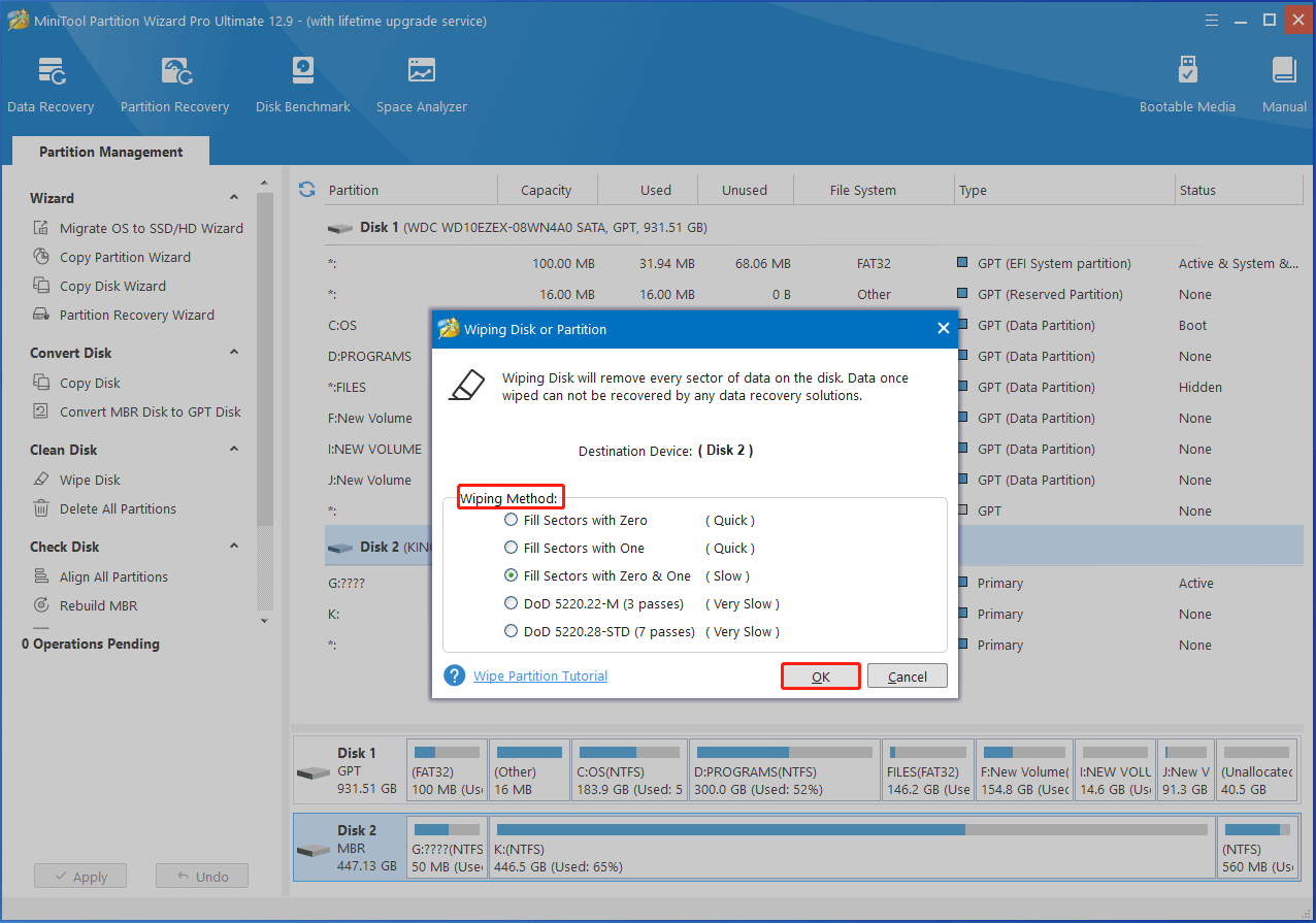 select a wiping method in Partition Magic