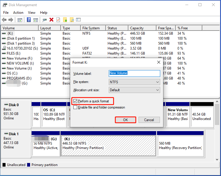 perform a quick format in Disk Management