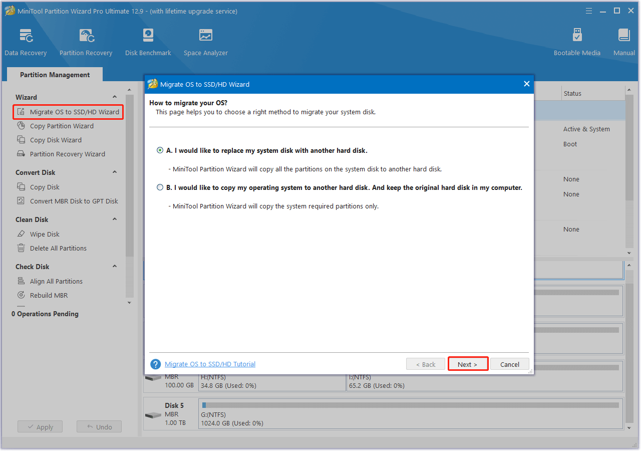 choose a proper method to migrate OS in MiniTool Partition Wizard