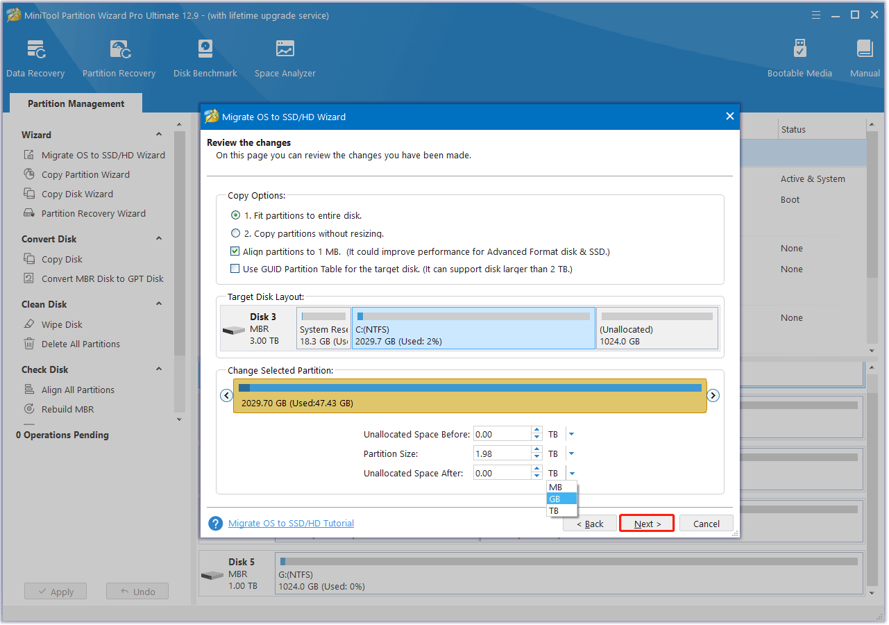 set Copy Options and adjust target disk layout in MiniTool Partition Wizard