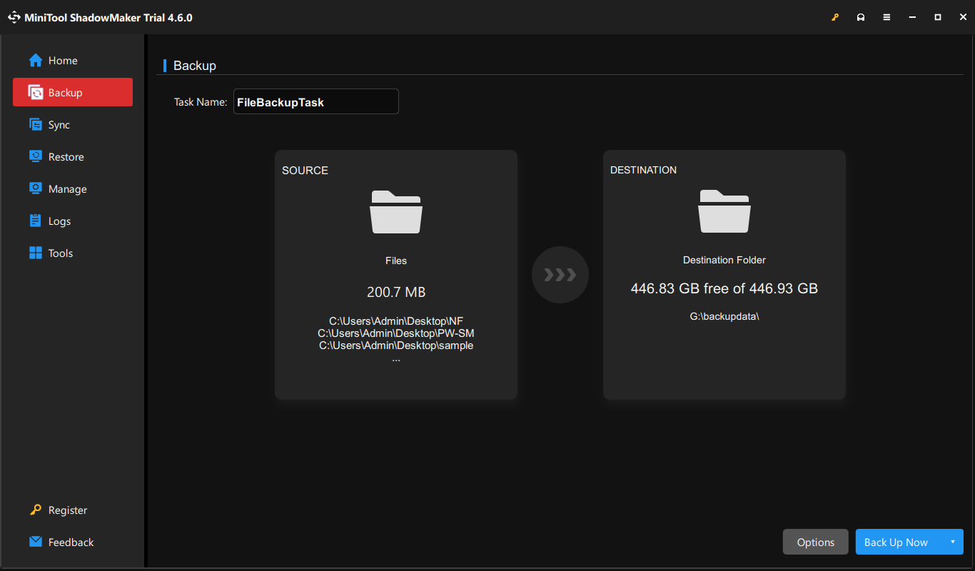 the Backup page of MiniTool ShadowMaker