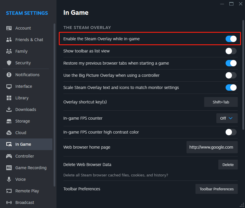 check the option for Enable the Steam Overlay while in-game