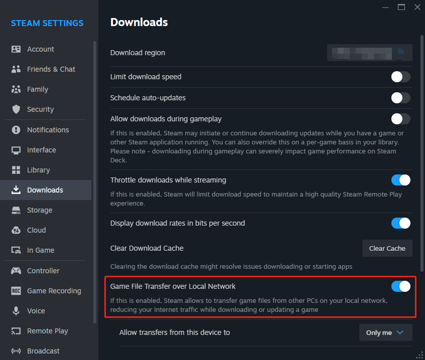 disable Game File Transfer over Local Network