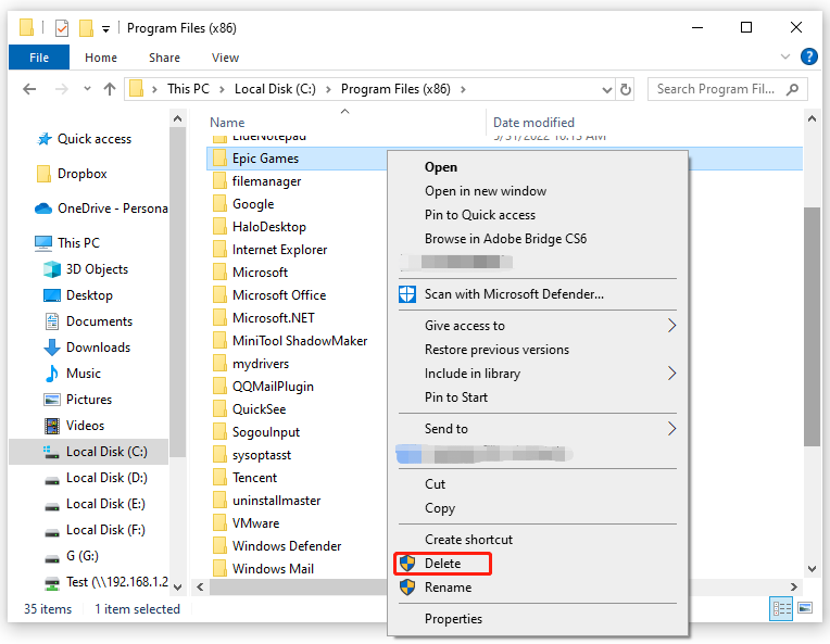 delete the Epic Games folder via File Explorer