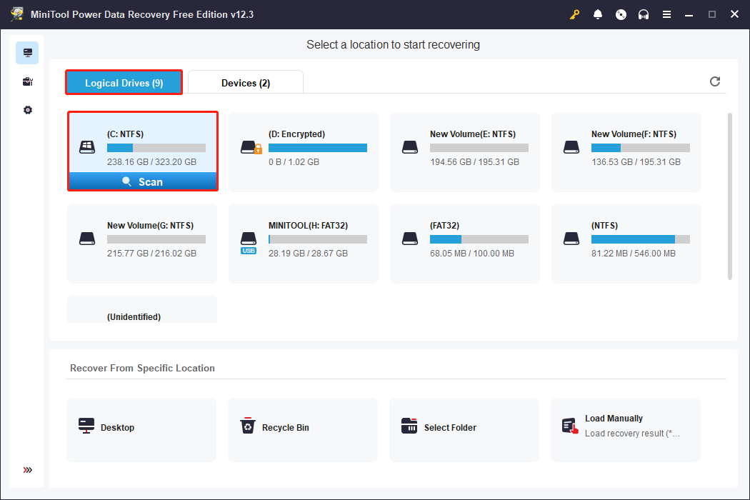 scan the target partition via MiniTool Power Data Recovery
