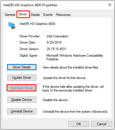 roll back the Intel video card driver from the device properties window