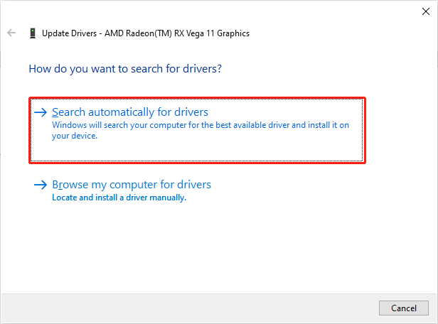 choose Search automatically for drivers to update the graphics driver