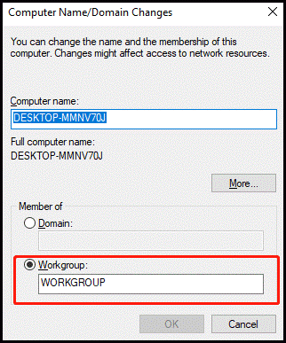 verifique o nome do grupo de trabalho