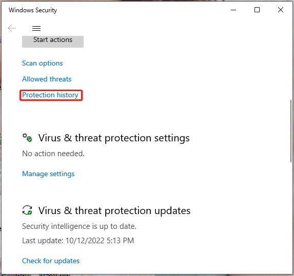 clique em Histórico de proteção em Segurança do Windows no Windows