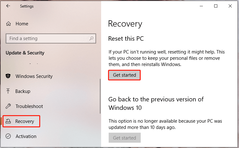 clique em Começar em Redefinir este PC no Windows