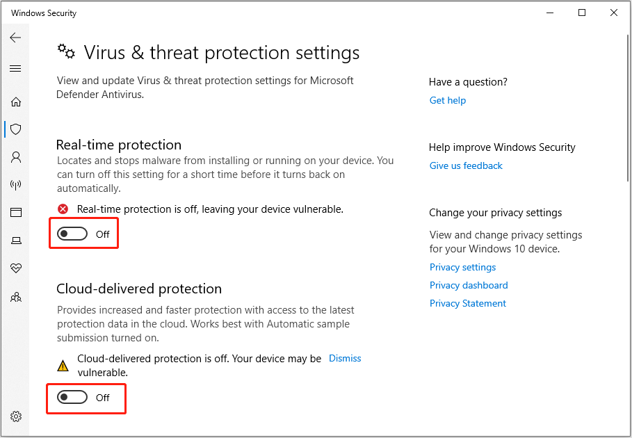 turn off Windows Defender real-time protection and cloud-delivered protection