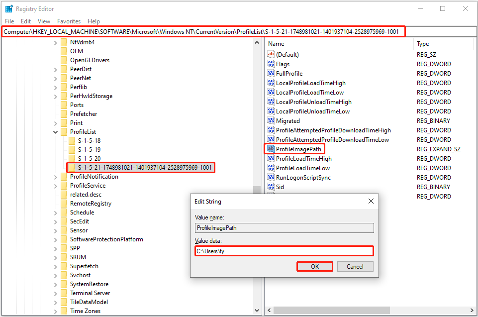change the value data pf ProfileImagePath in Registry Editor