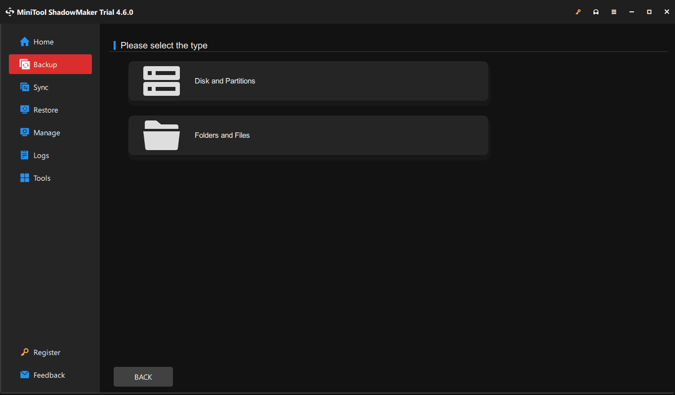 MiniTool ShadowMaker backup page to choose backup type