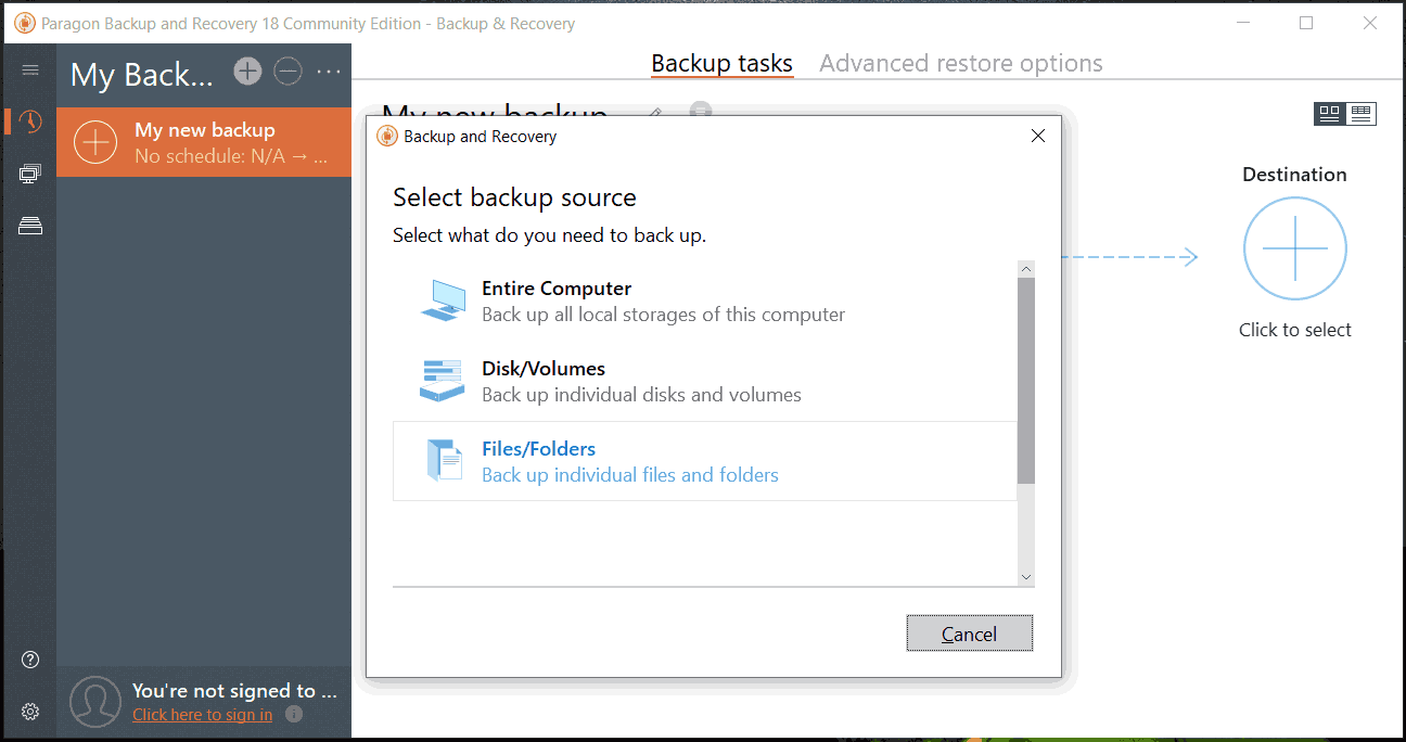 Paragon Backup and Recovery Community Edition to choose files to backup