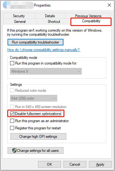 disable fullscreen optimizations from app properties