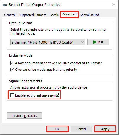 disable the audio enhancements