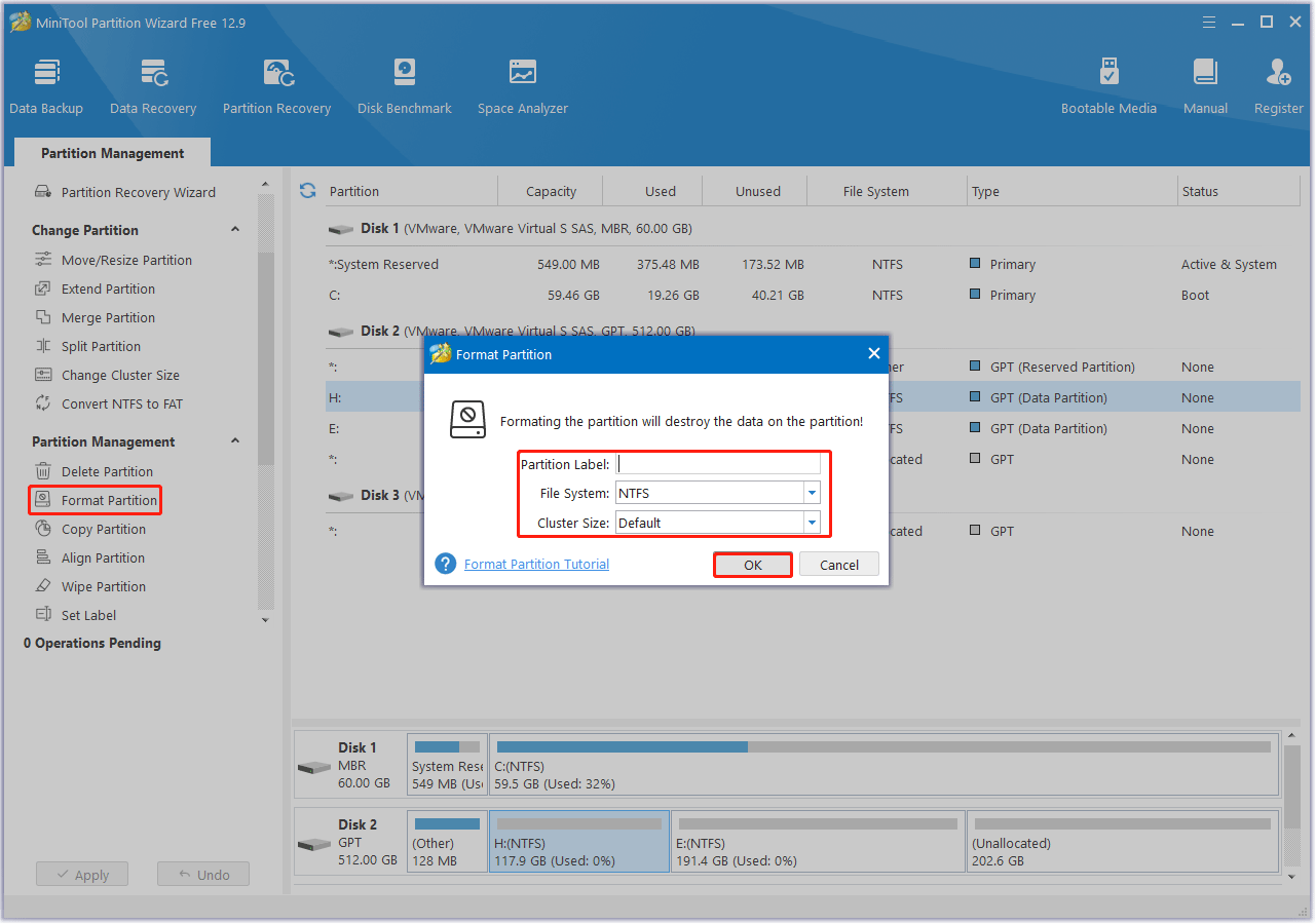 configure the partition label and file system in MiniTool Partition Wizard