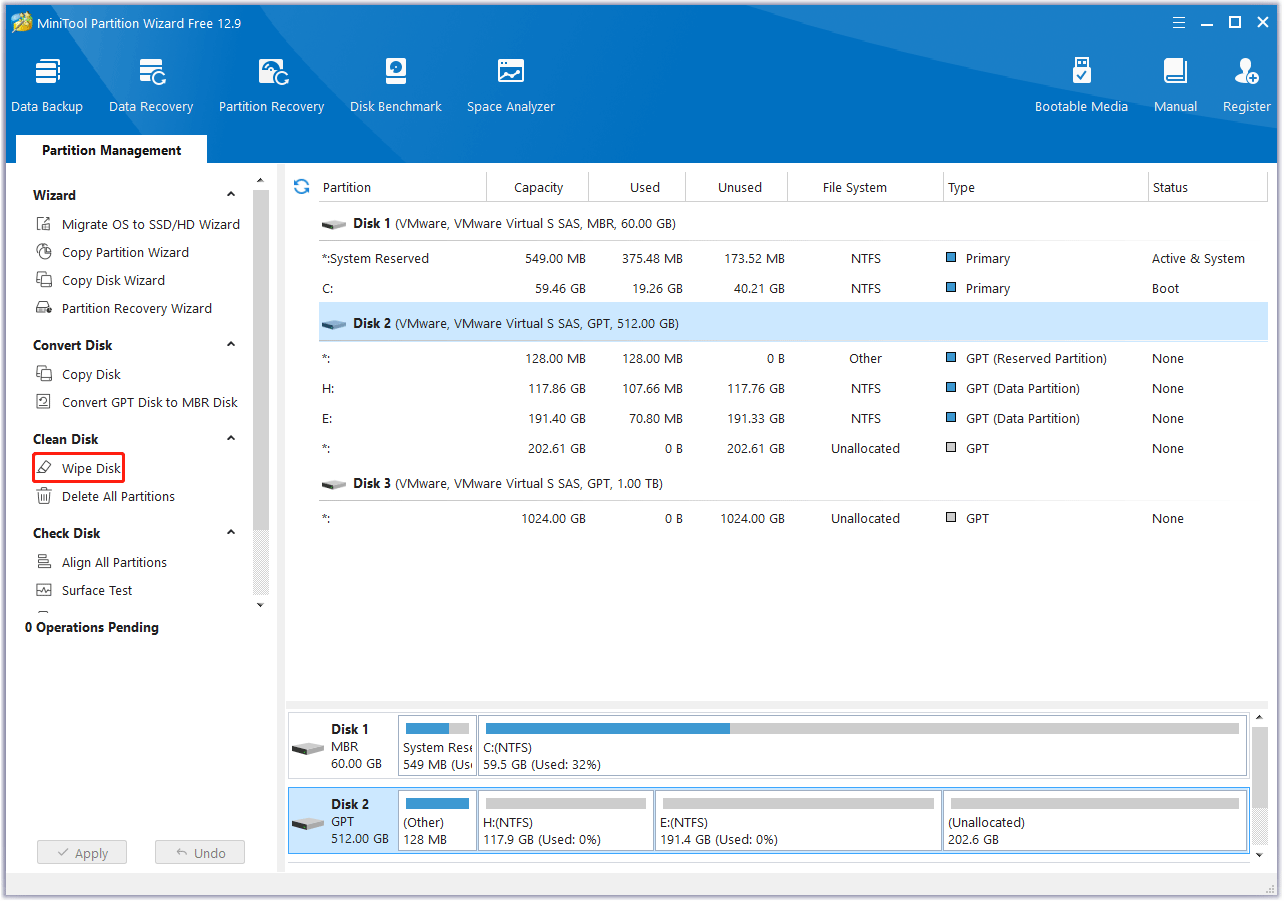 Click Wipe Disk in MiniTool Partition Wizard