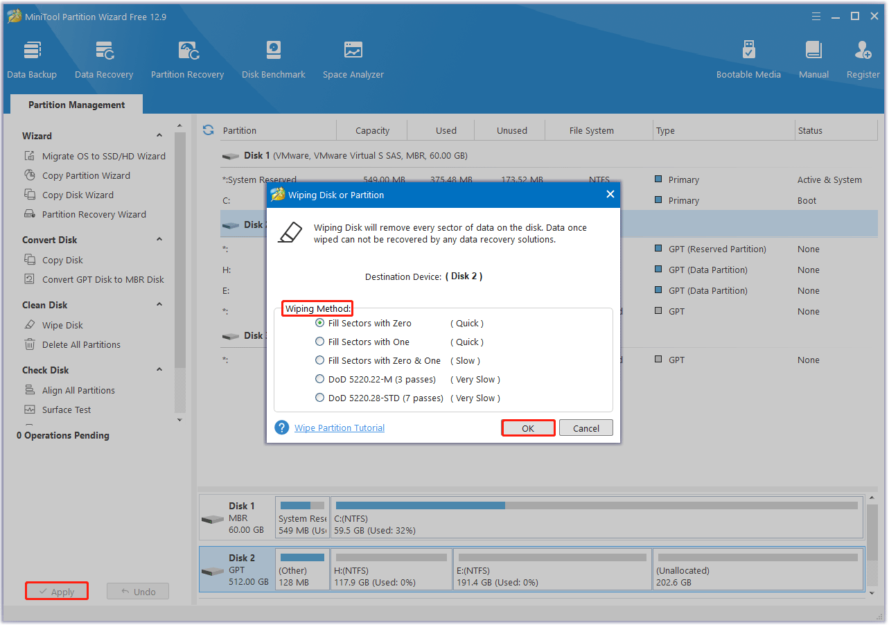 Select the Wipe Method to wipe the old SSD