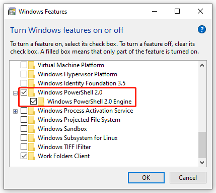 tick Windows PowerShell 2.0 in Windows Features