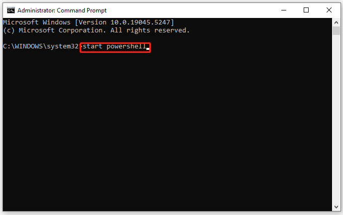 run start powershell in Command Prompt to launch Windows PowerShell