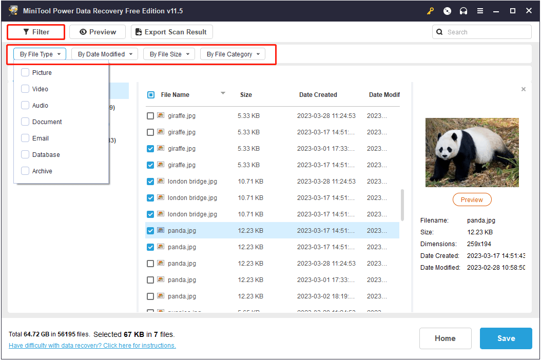 você pode filtrar os resultados da verificação de acordo com seus requisitos no MiniTool Power Data Recovery