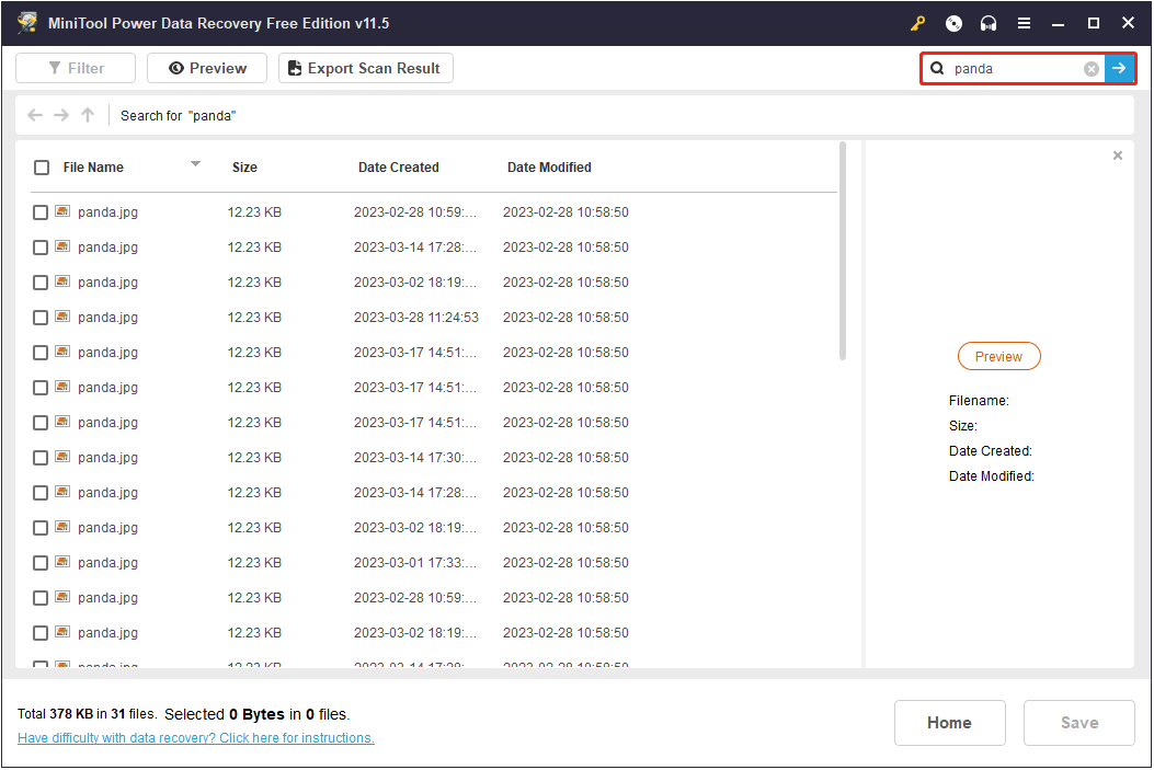 encontre o arquivo necessário pelo seu nome no MiniTool Power Data Recovery